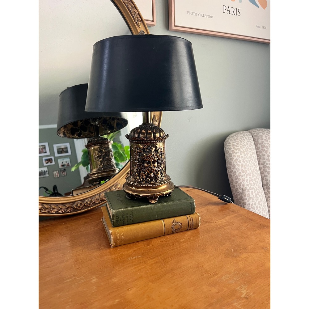 Vintage Green Man Face Brass Relief Lamp Hollywood Regency Ivy Leaves Maximalist